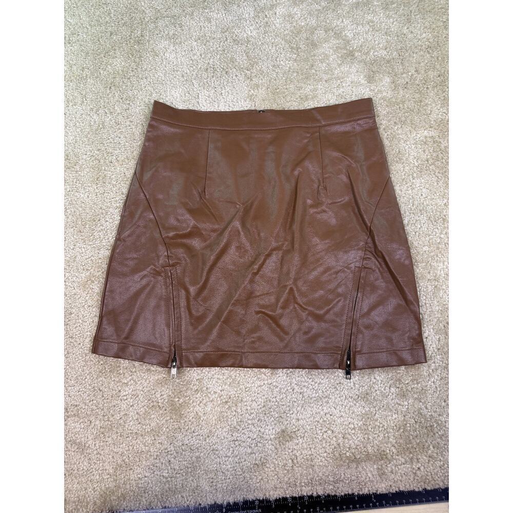 Olivaceous Lined Brown Faux Leather Mini Skirt Size Large 30x16.5 D140